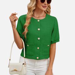 Cropped tweed blazer jacket in green, short sleeves, front button closure, chest pockets