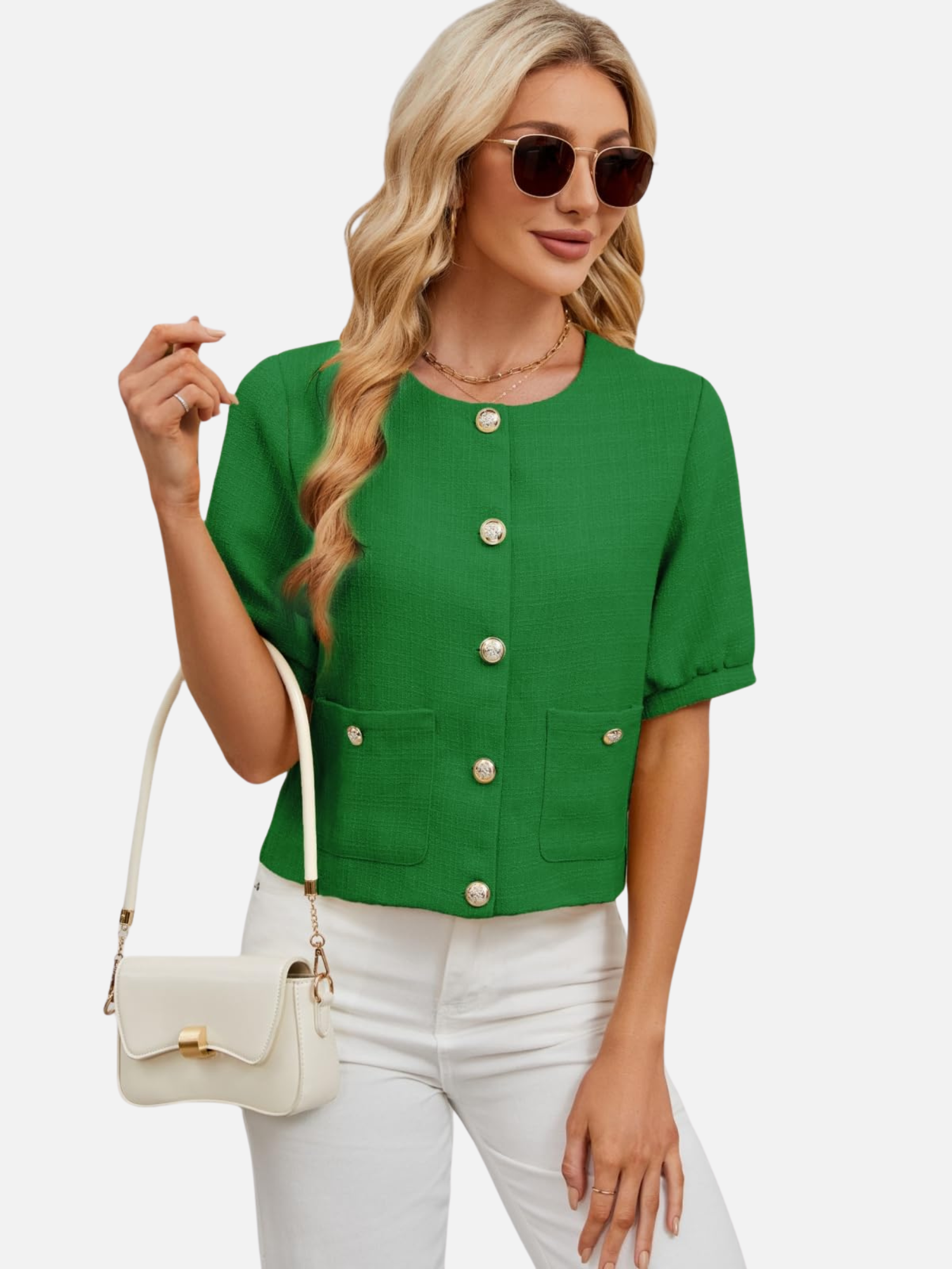 Cropped tweed blazer jacket in green, short sleeves, front button closure, chest pockets