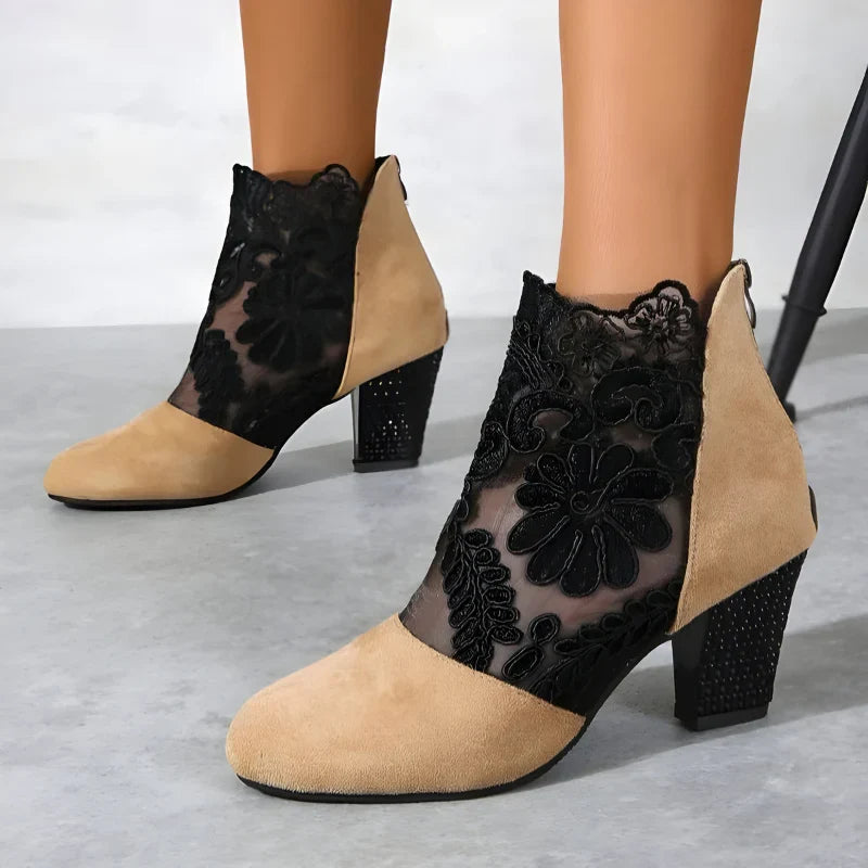 Beige and black orthopedic heeled ankle boots with floral lace over mesh and block heel