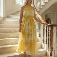 Gathered halter midi dress, yellow floral tie-dye halter with tiered skirt