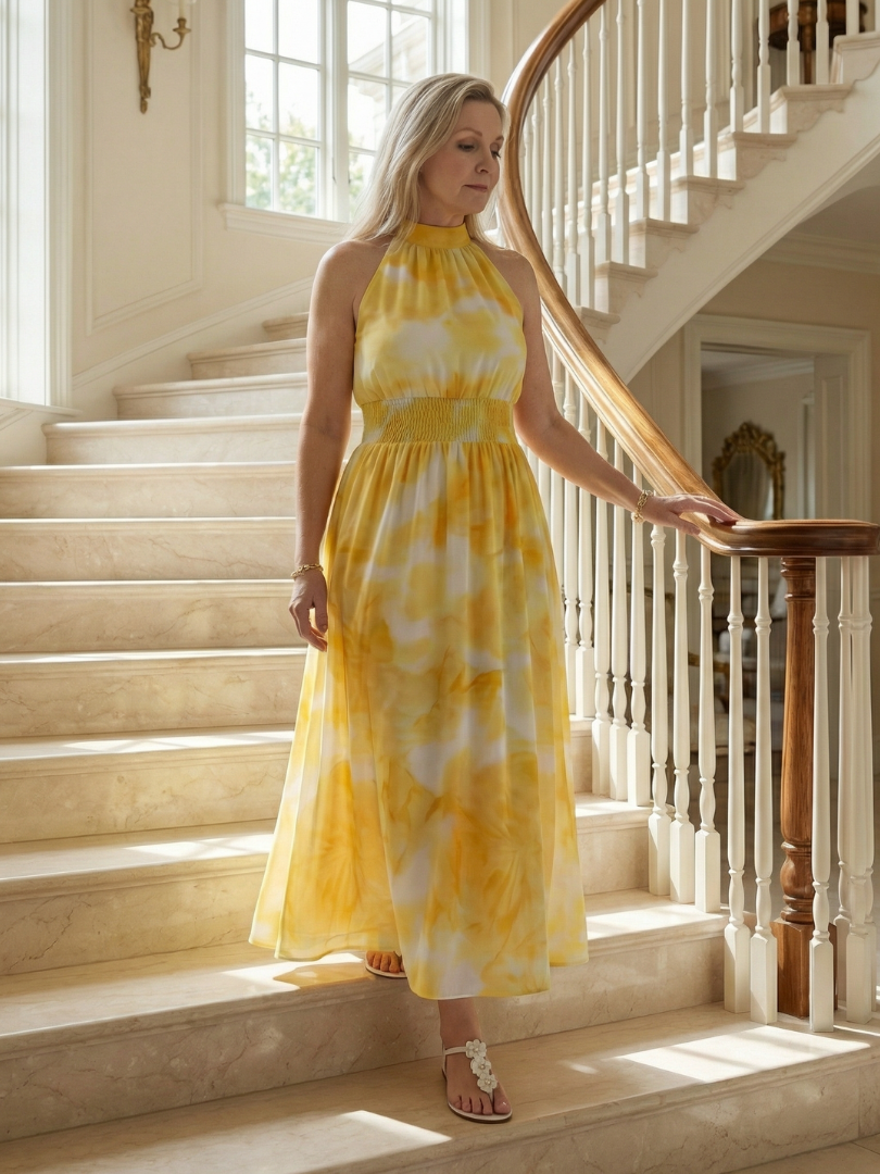 Gathered halter midi dress, yellow floral tie-dye halter with tiered skirt