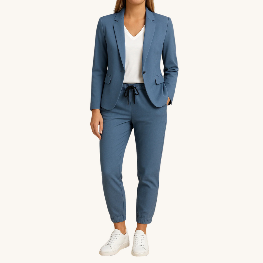 Blue blazer-style jacket and matching jogger pants set with drawstring waist