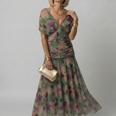 Off-shoulder flow maxi dress in green and purple floral print, ruched waist