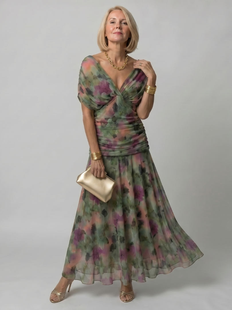Off-shoulder flow maxi dress in green and purple floral print, ruched waist