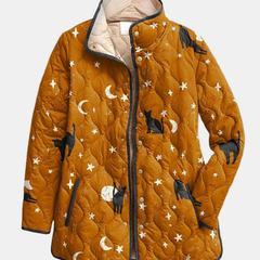 Quilted zip-up jacket with hood, mustard orange fabric and black cat star print