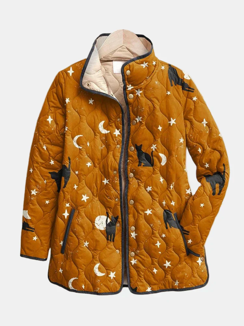 Quilted zip-up jacket with hood, mustard orange fabric and black cat star print