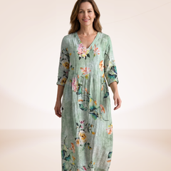 Floral relaxed dress in mint green with colorful bouquets, V-neck, 3/4 sleeves, midi length