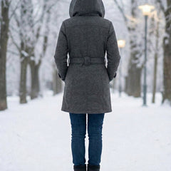 Back view plaid-collar wool coat, dark gray, hood and belt tie