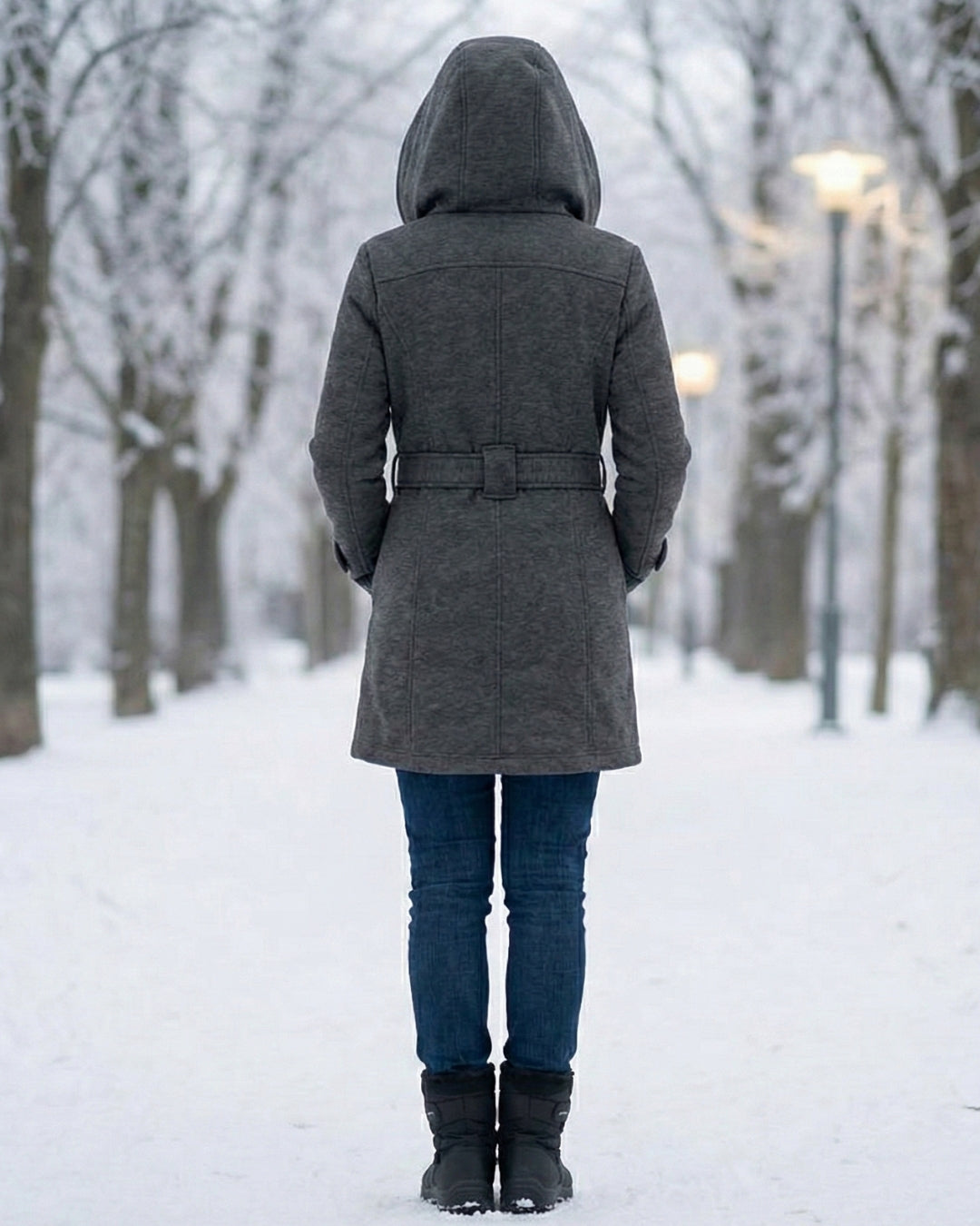 Back view plaid-collar wool coat, dark gray, hood and belt tie
