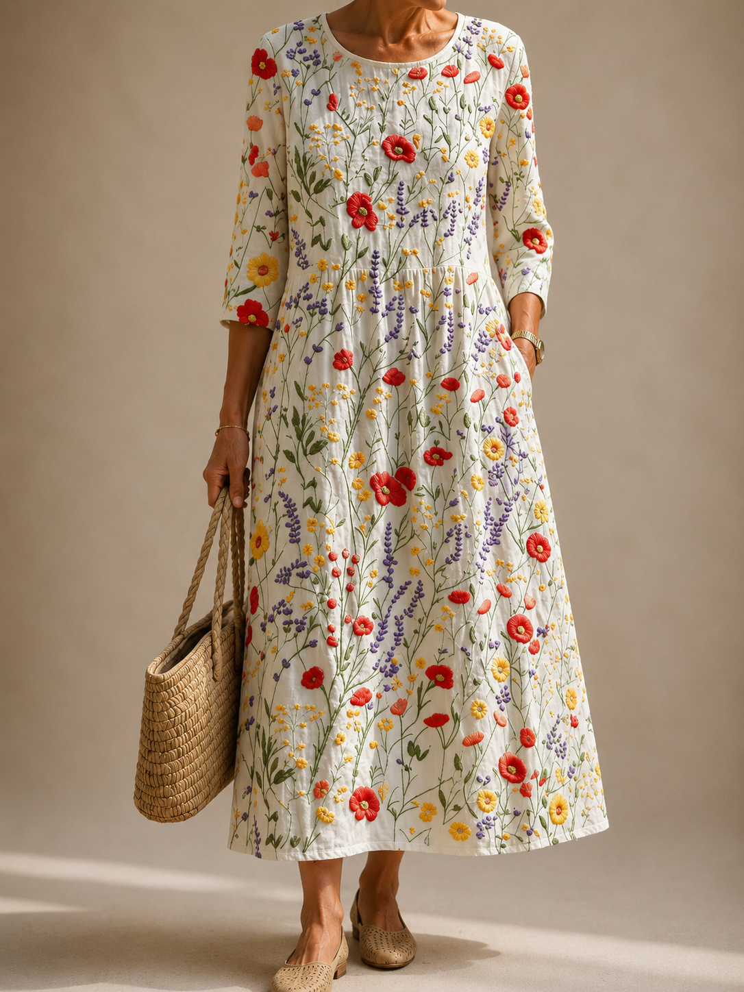 CHRISTINA linen flower dress, long sleeves, round neck, tiered midi length, floral print