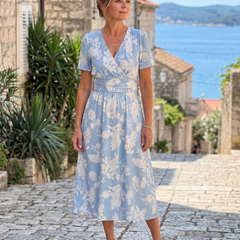 Light blue floral V-neck midi dress with short sleeves and gathered waist on model