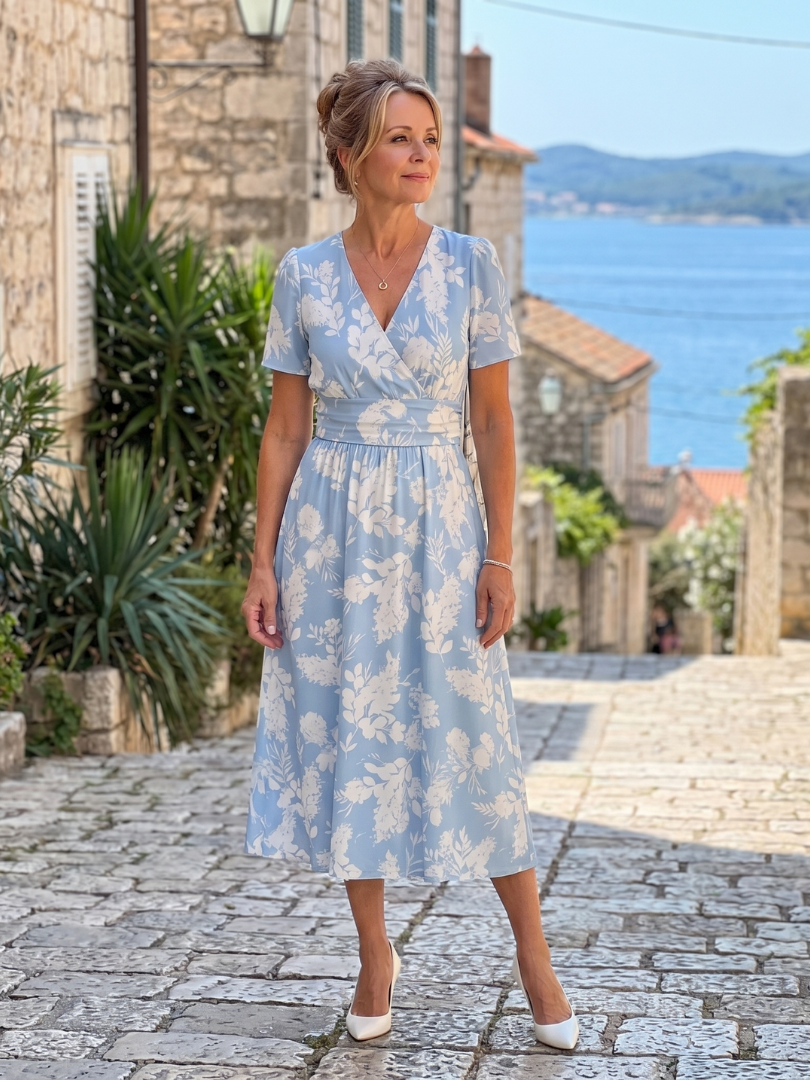 Light blue floral V-neck midi dress with short sleeves and gathered waist on model