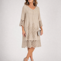 Beige shift midi dress with embroidered lace cuffs and lace-trimmed hem