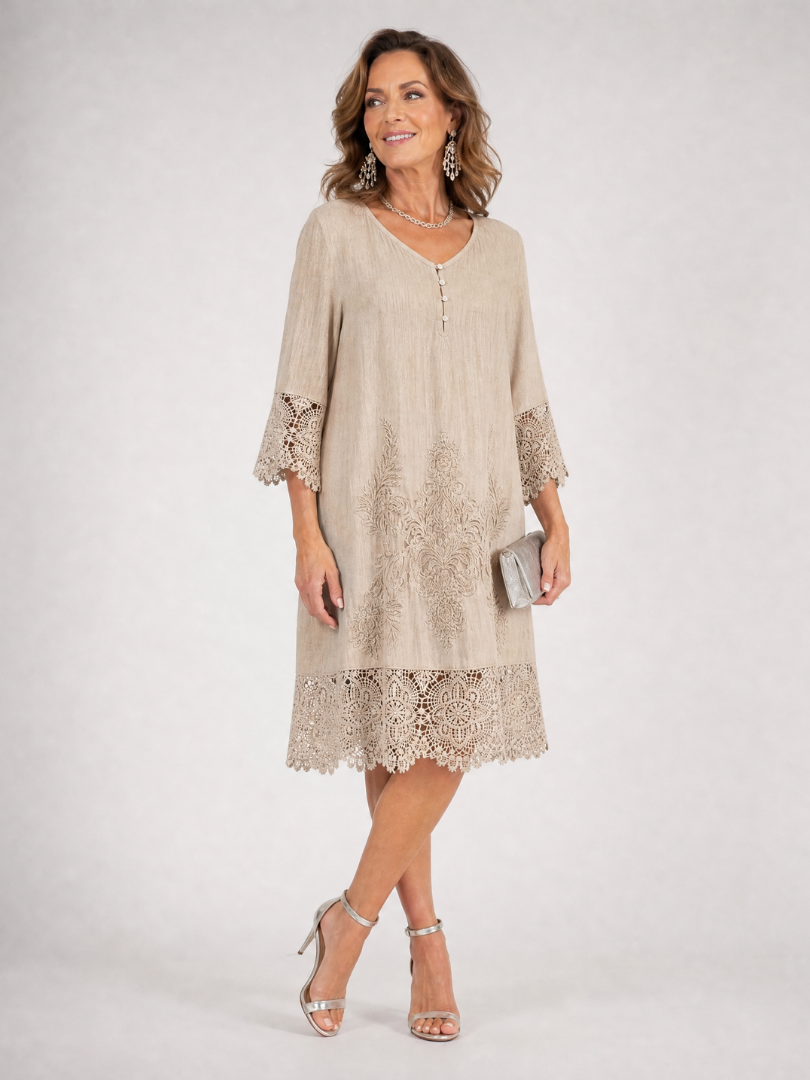 Beige shift midi dress with embroidered lace cuffs and lace-trimmed hem
