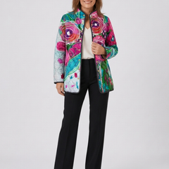 Multicolour floral zip-up jacket with hood, long sleeves and front pockets
