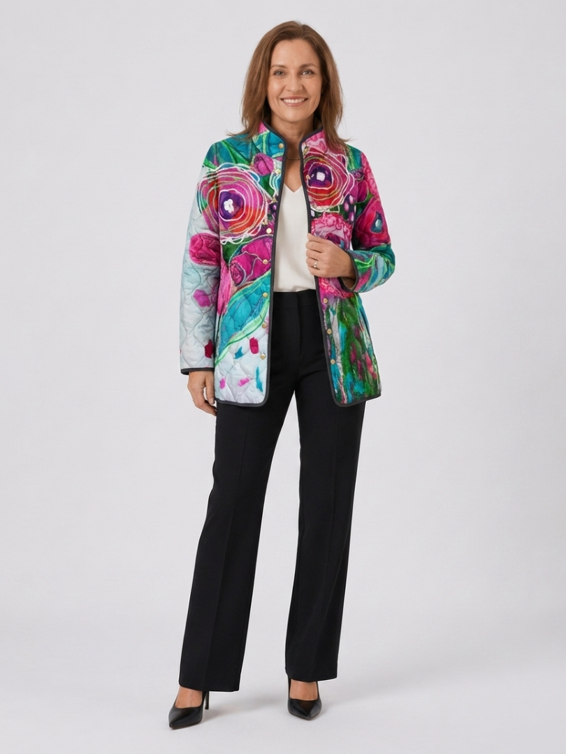 Multicolour floral zip-up jacket with hood, long sleeves and front pockets
