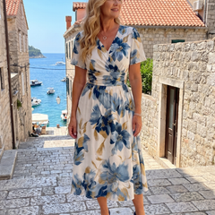 Floral wrap midi dress with V-neck and short sleeves, blue and gold botanical print