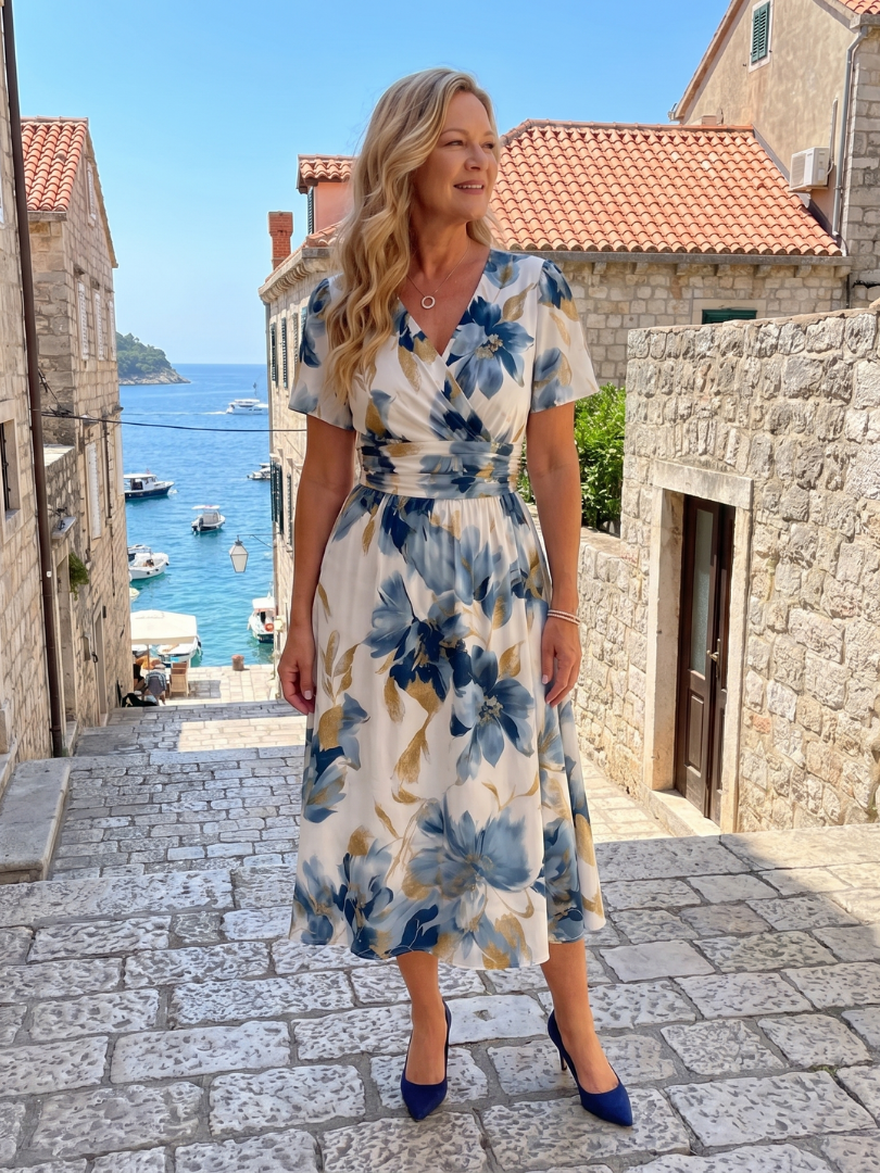 Floral wrap midi dress with V-neck and short sleeves, blue and gold botanical print