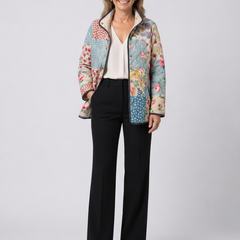 Multicolour floral quilted jacket with stand collar and front zip, long sleeves