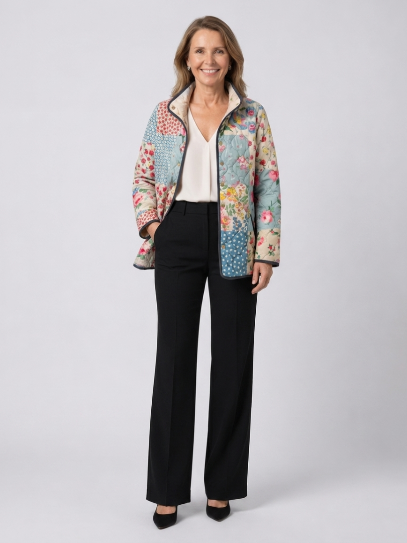 Multicolour floral quilted jacket with stand collar and front zip, long sleeves