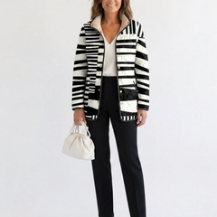 Miren abstract quilted jacket in black and white stripes with button front