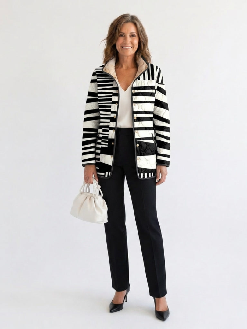 Miren abstract quilted jacket in black and white stripes with button front