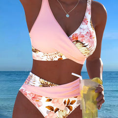 Floral contrast split bikini in pink and white, with matching solid pink triangle top and briefs