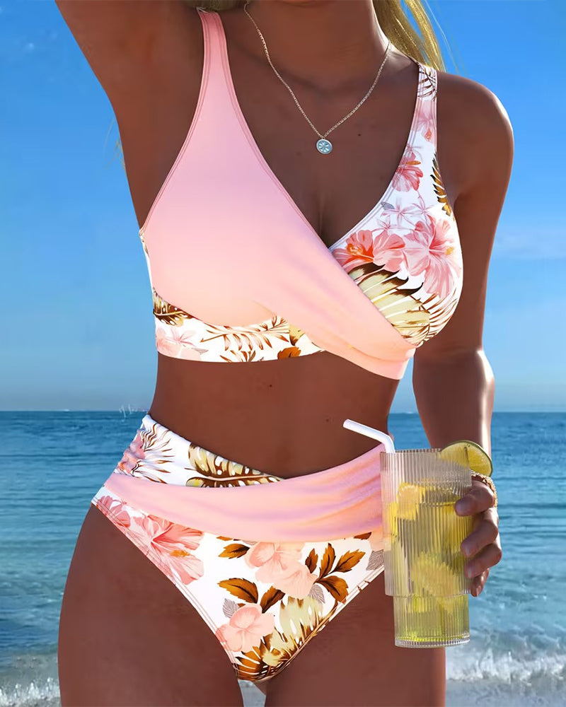 Floral contrast split bikini in pink and white, with matching solid pink triangle top and briefs