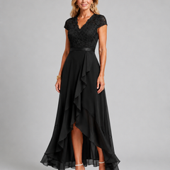 Black lace evening dress with cap sleeves and asymmetrical ruffle hem