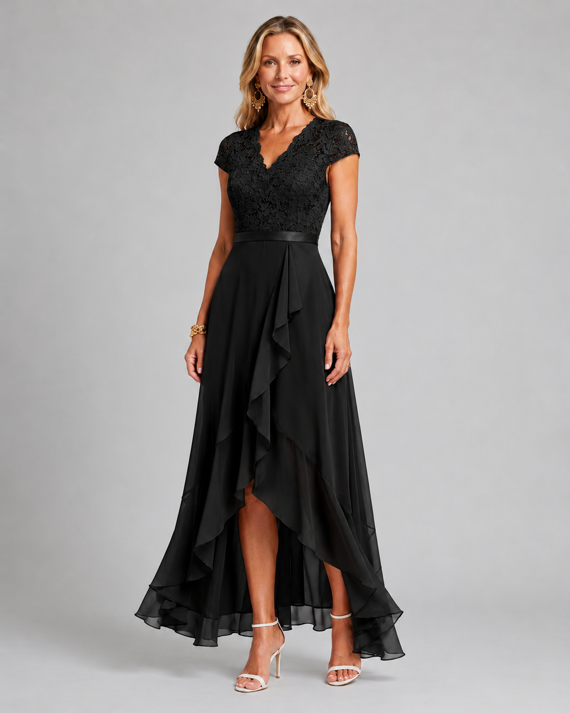 Black lace evening dress with cap sleeves and asymmetrical ruffle hem