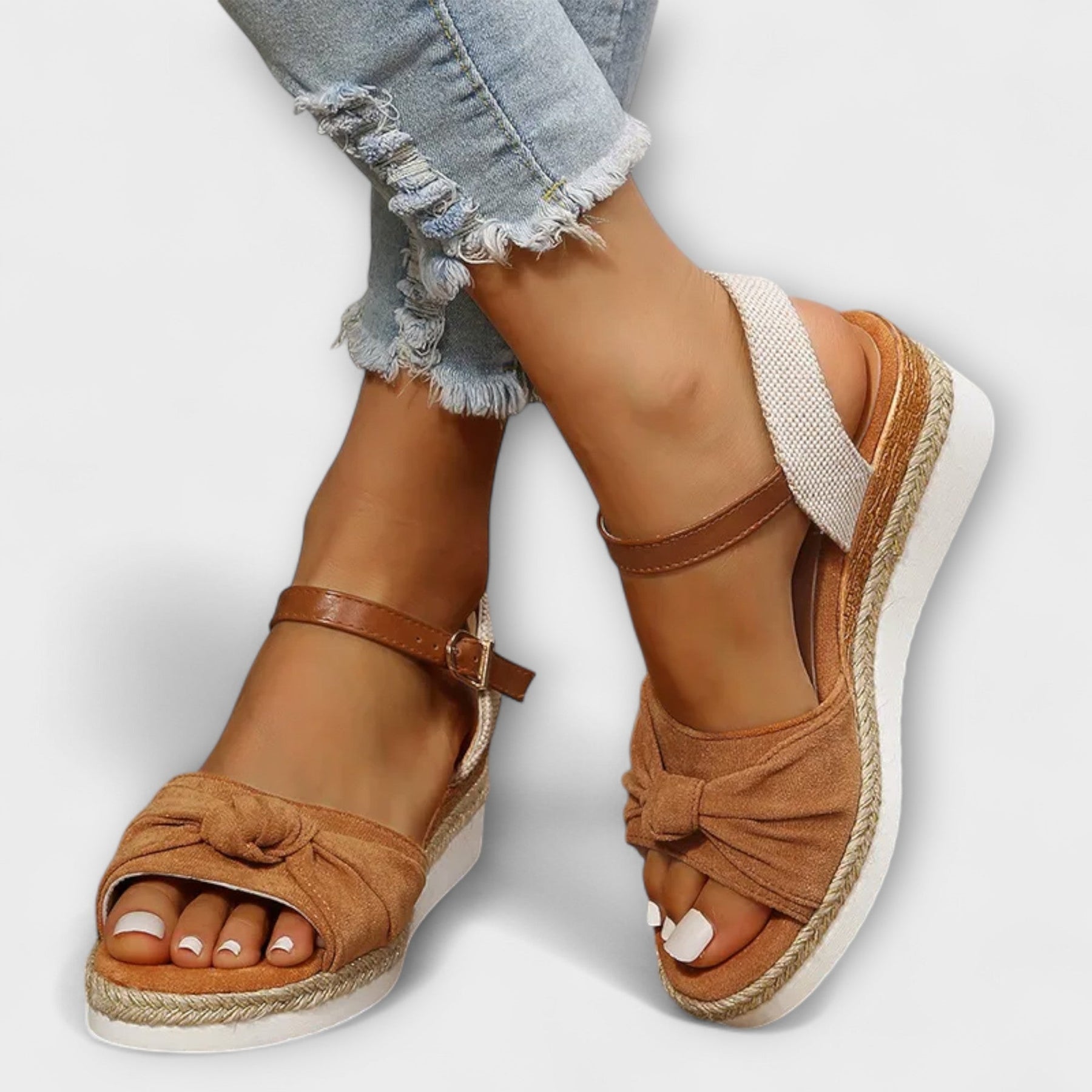 Rust brown espadrille wedge sandals with knotted front and ankle strap