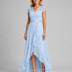 Light blue lace evening dress with cap sleeves and asymmetrical ruffle hem