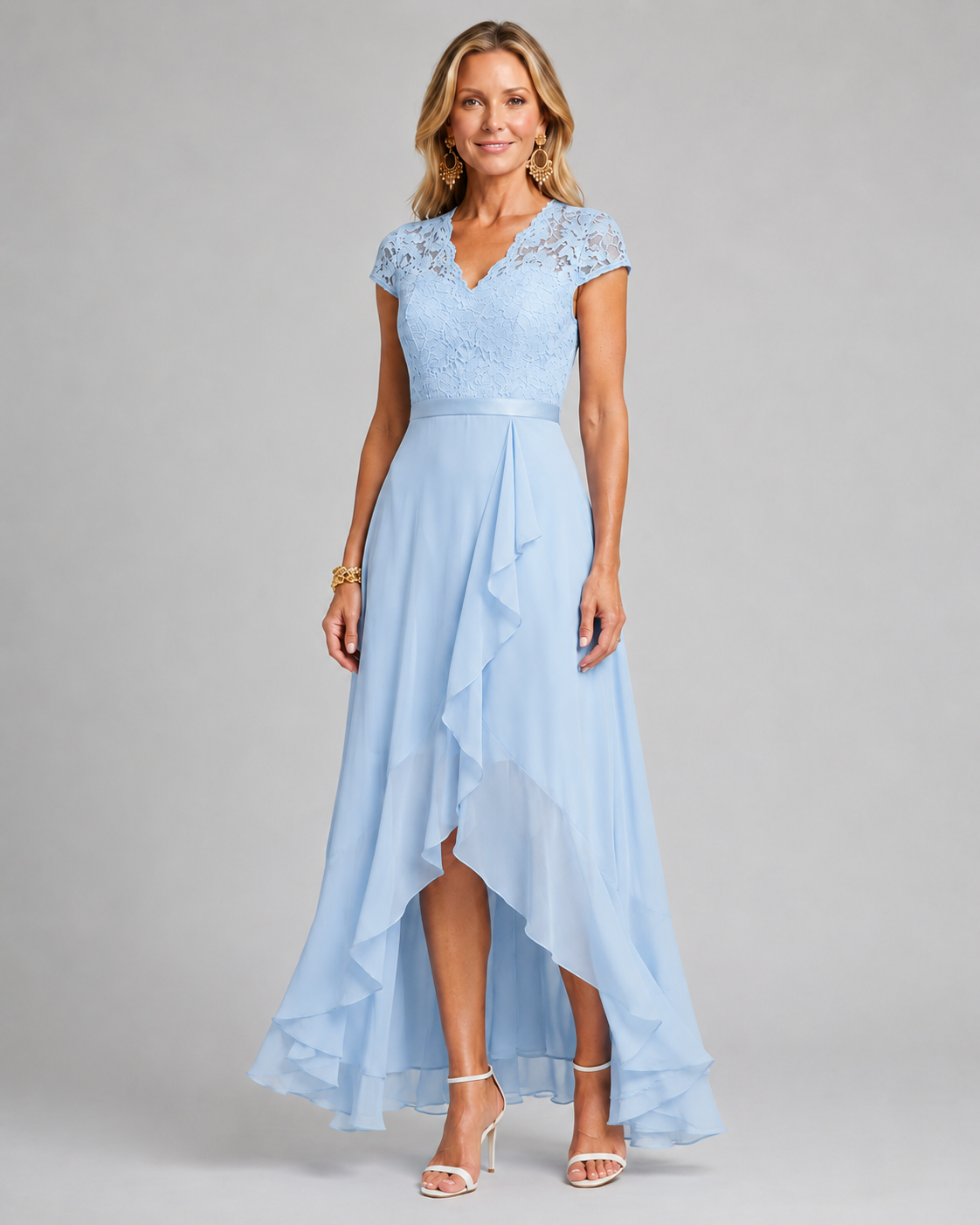 Light blue lace evening dress with cap sleeves and asymmetrical ruffle hem
