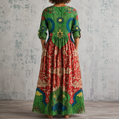 Floral maxi dress with V-back, green red paisley print, gathered waist, 3/4 sleeves