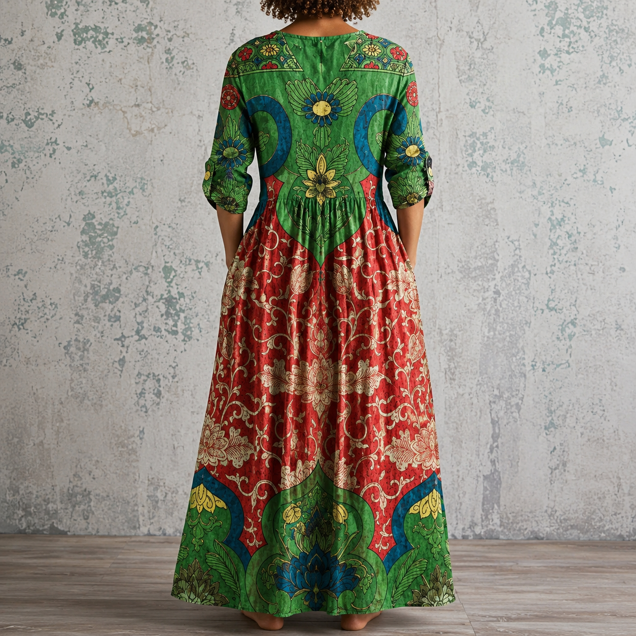 Floral maxi dress with V-back, green red paisley print, gathered waist, 3/4 sleeves