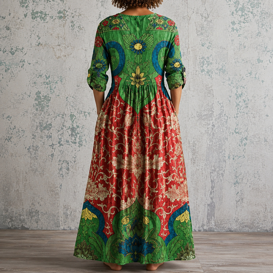 Floral maxi dress with V-back, green red paisley print, gathered waist, 3/4 sleeves