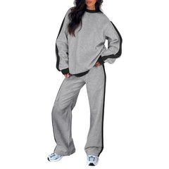 Dark grey 2-piece lounge set with crewneck sweatshirt and loose jogger pants, black contrast side trim