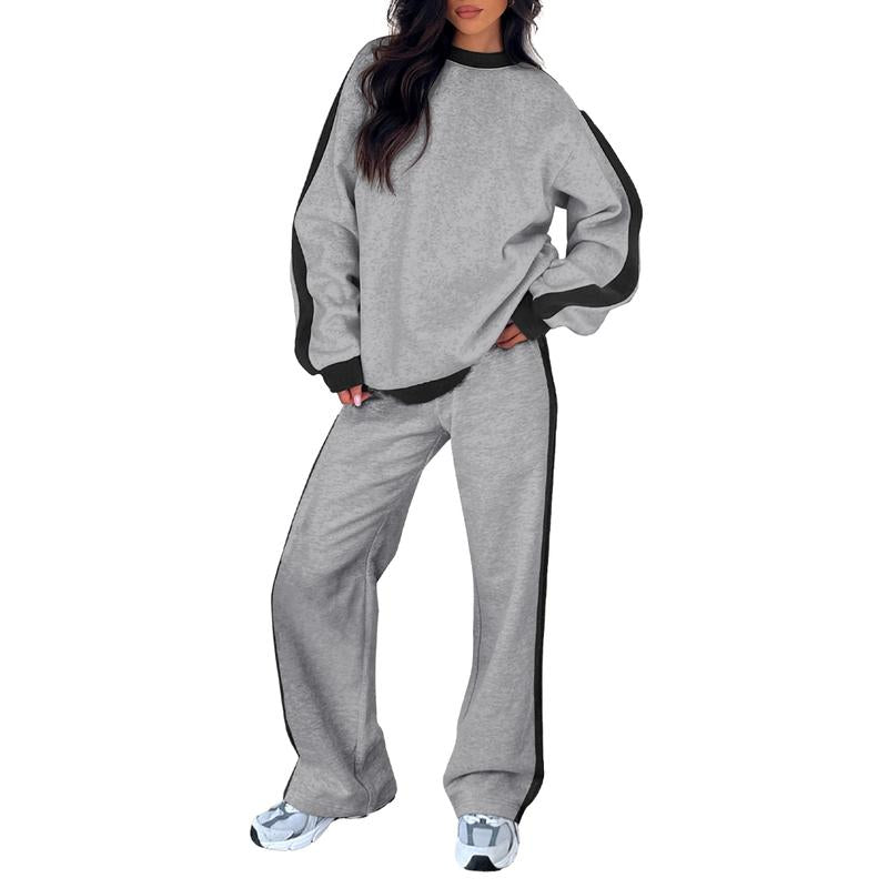 Dark grey 2-piece lounge set with crewneck sweatshirt and loose jogger pants, black contrast side trim