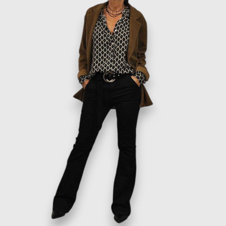 Long-sleeve button-front blouse with black-and-gold geometric pattern, V-neck