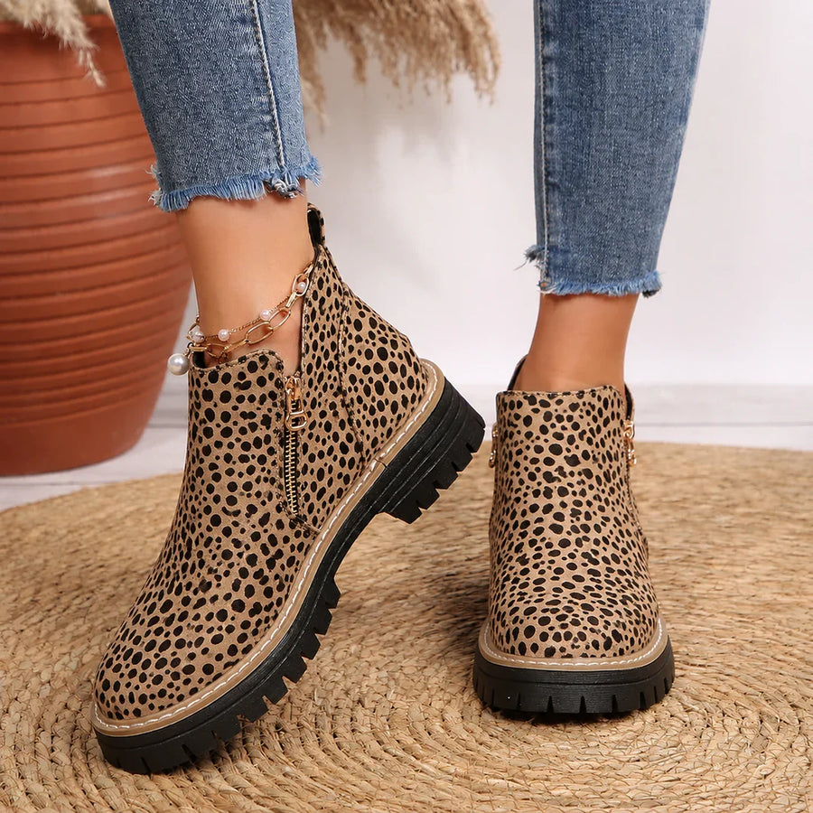 Camille women's ankle boots pair in leopard print with side zip and chunky black sole