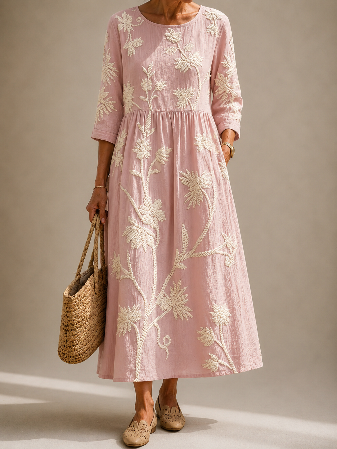 Pink long-sleeve flower-embroidered midi dress with gathered waist