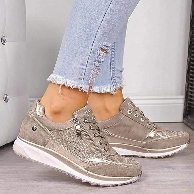 Grey metallic zip-up comfort sneakers with front lace-up and side zipper