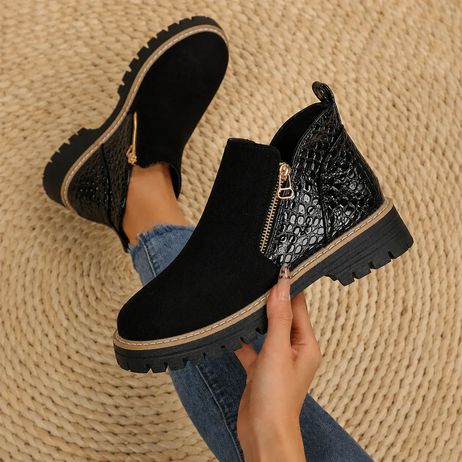 Emma women's croc-detail ankle boots, black with side zipper and tread sole