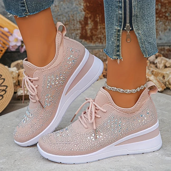 Soft pink comfort sneakers, lace-up knit upper with white midsole and comfort fit