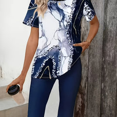 Two-piece stretch set: blue-white printed short-sleeve top, navy capri leggings