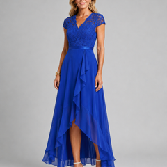 Blue lace evening dress with cap sleeves, sash waist, and asymmetrical ruffle hem