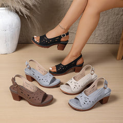 Assorted cutout peep-toe sandals with ankle straps and block heels in black, tan, and white