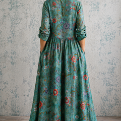 Teal floral summer dress, back view, three-quarter sleeves, gathered waist, ankle length