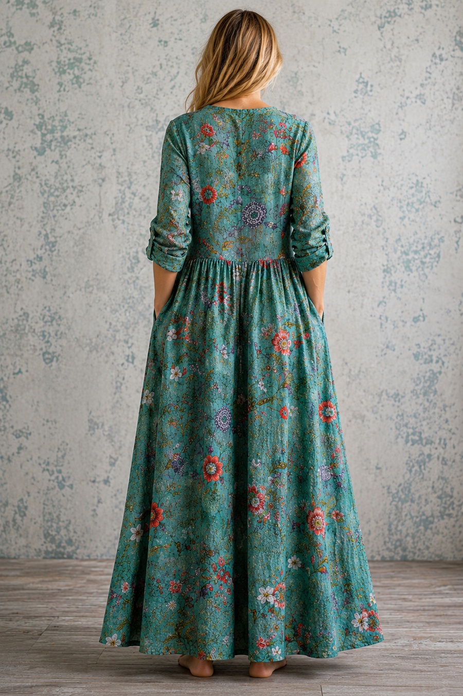 Teal floral summer dress, back view, three-quarter sleeves, gathered waist, ankle length