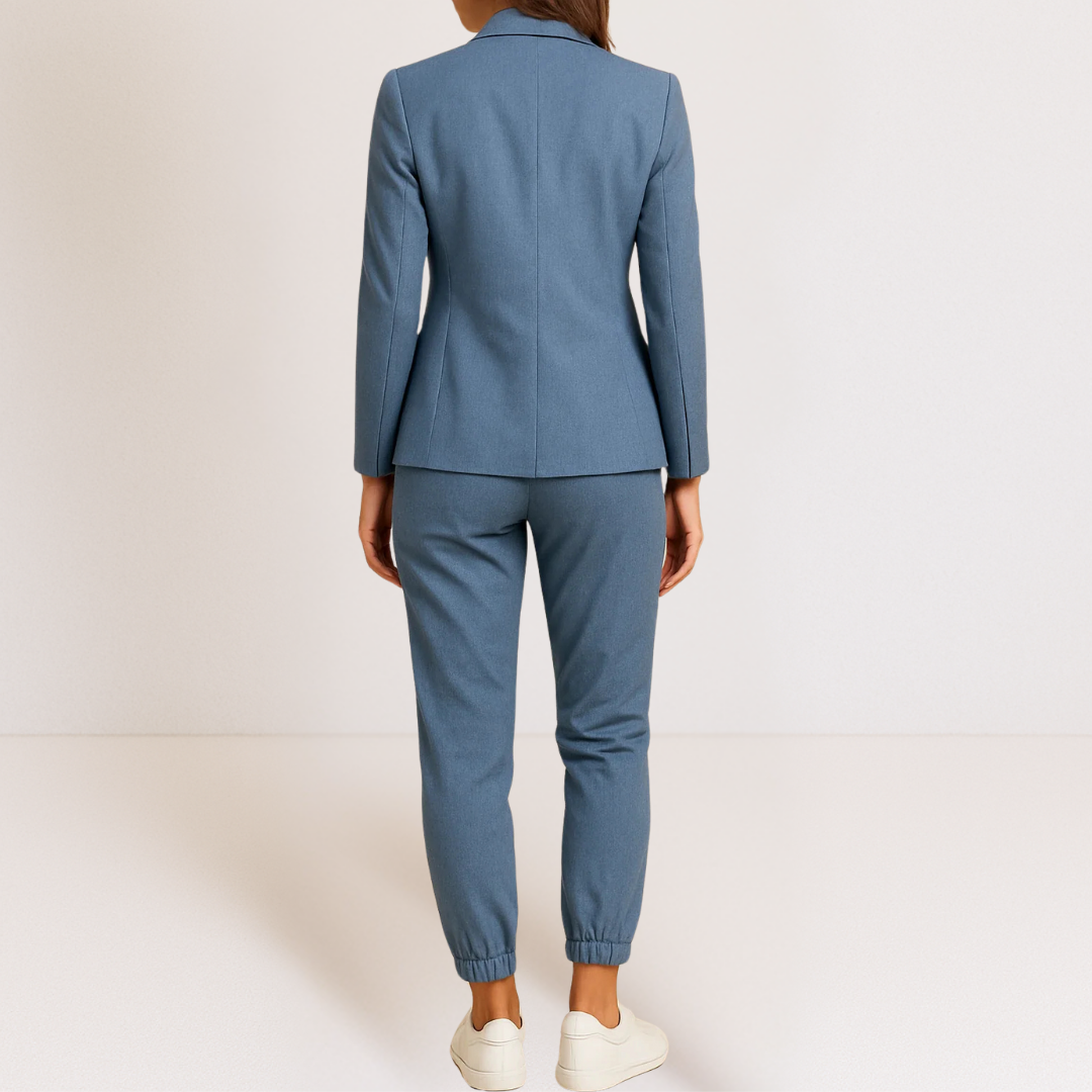 Blue blazer jacket and matching jogger pants set, back view